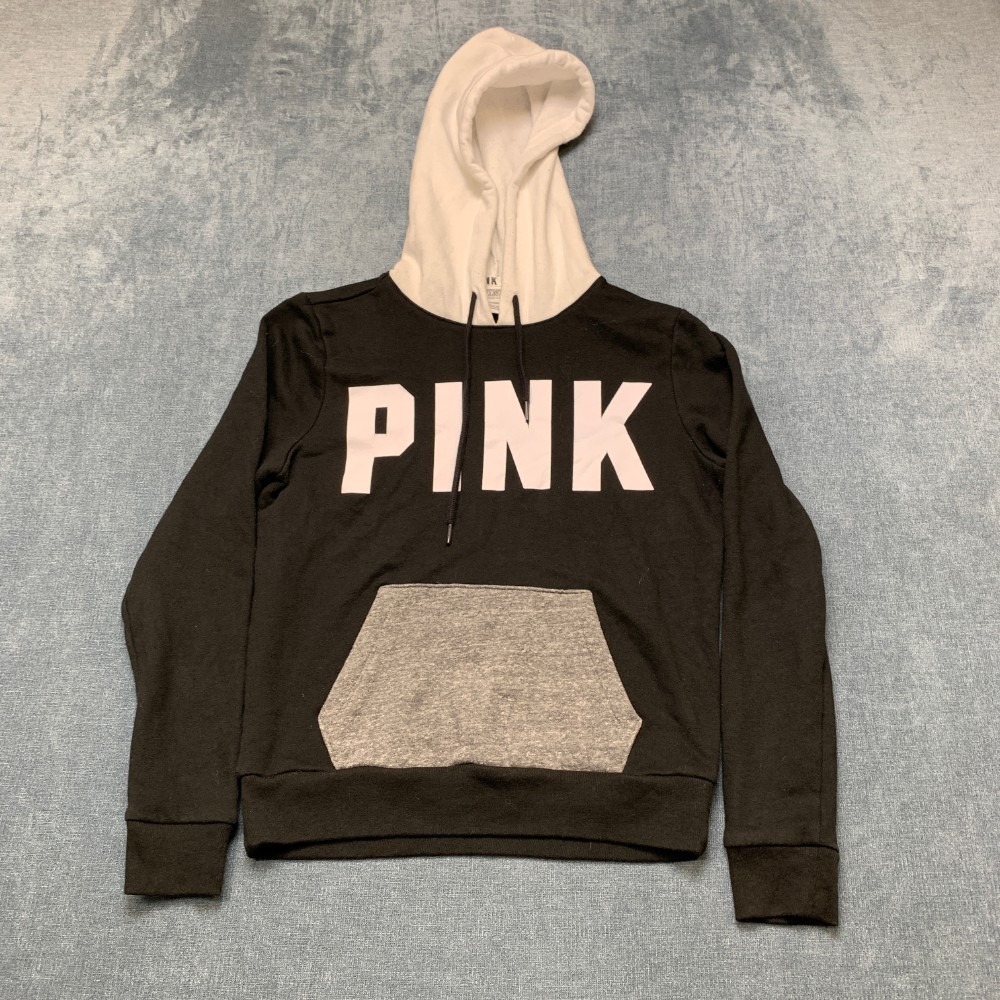 Victoria's Secret Pink Hoodie Womens M Black White Drawstring Logo Long Sleeve